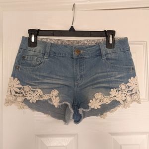 Denim Shorts with Crochet Hem Detailing